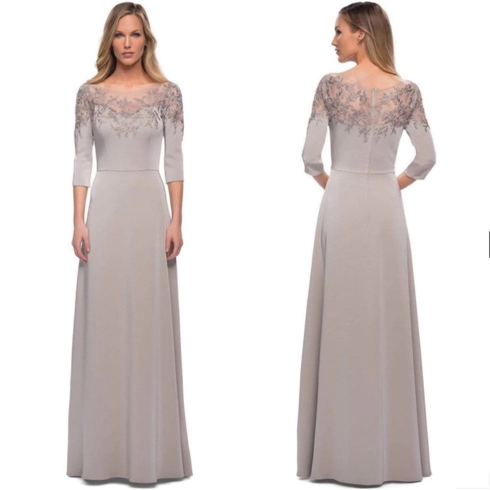 La Femme Embroidered Illusion Neck Gown Maxi Dress 29227 in Size 14 NWOT